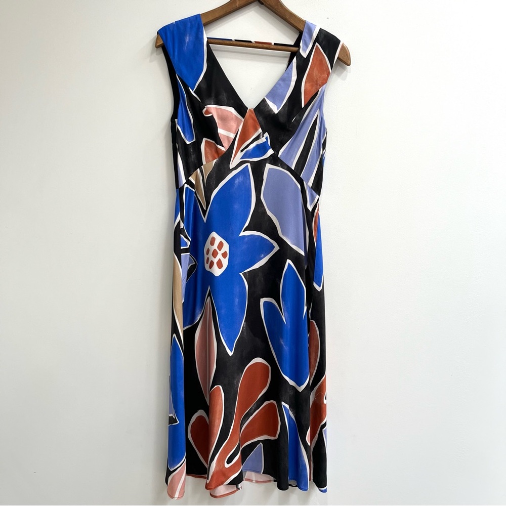 Anthropologie Painterly Open-Back Midi Dress Sleeveless Blue Black Bold Print 8